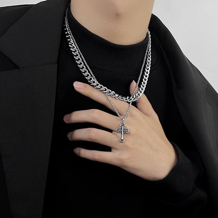 Cross Double-Layer Cuban Necklace Men's Trendy Accessible Luxury Versatile Accessories 2023 New Clavicle Chain Hip-Hop Trendy Jewelry