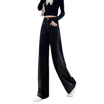 Gradient Contrast Color Wide Leg Jeans Women's Fashion All-match Black Grey Flesh Covering Slimming High Waist Straight Trousers