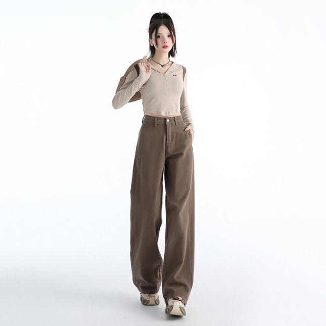 Attention Moment Brown brown Retro Jeans Women's Autumn and Winter High Waist Loose All-match Slimming Straight Pants