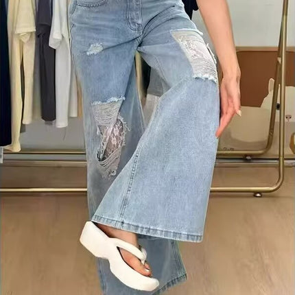 Spliced Ripped Lace Jeans for Women Summer New Loose High-Waist Slim New Wide-Leg Straight Floor-Length Trousers