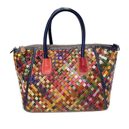 European and American Trendy Women's Bags, Colorful Cowhide Leather, Fashionable and Versatile Woven Shoulder Tote, Genuine Leather Crossbody Bag, Large Capacity, Retro