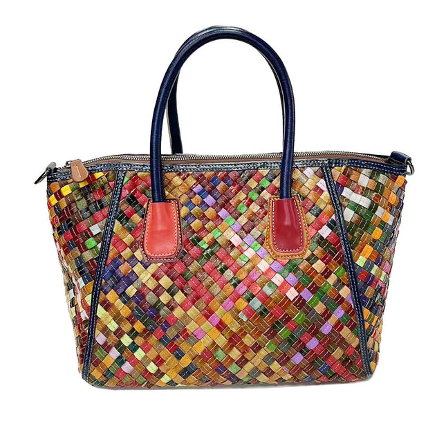 European and American Trendy Women's Bags, Colorful Cowhide Leather, Fashionable and Versatile Woven Shoulder Tote, Genuine Leather Crossbody Bag, Large Capacity, Retro