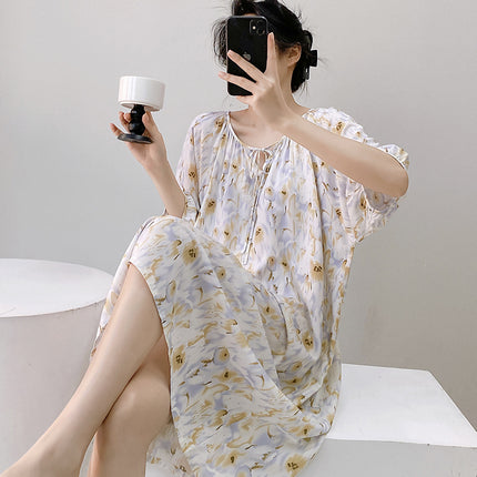Mishiti Cotton Silk New Chinese Style Short-Sleeved Nightgown for Women, Summer Thin Style, National Style Cotton Silk Home Wear, Can Be Worn Outside