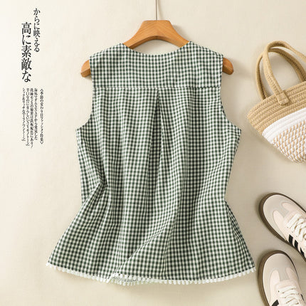 Real Shot of Summer New Green Plaid Cotton Sleeveless Round Neck Cardigan Elastic Skirt Spliced Lace Suit for Women