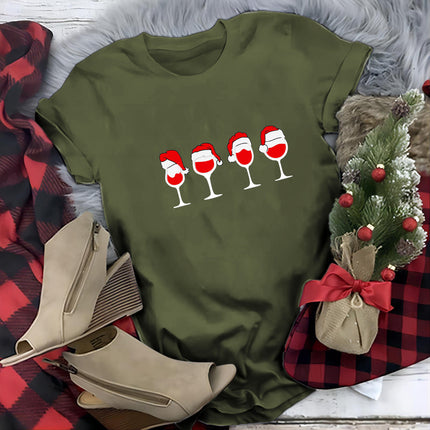 Women Casual Fun Crew Neck Tees Christmas t Shirt Red Wine g