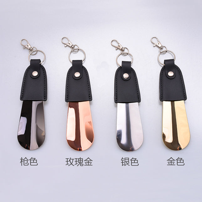 in stock supply stainless steel key buckle shoe horn with leather cover shoe puller car key pendant easy to carry shoe lift