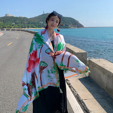 Ethnic Style Printed Silk Scarf Women's Seaside Travel Sun Protection Gauze Air Conditioning Warm Scarf Versatile Long Shawl
