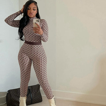 European and American Foreign Trade women's clothing fashion printed Street round neck long-sleeved trousers body pants fitness jumpsuit women's one-piece delivery