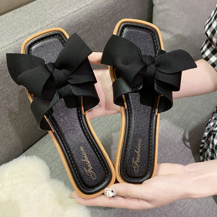 Internet Celebrity New Square Toe Fairy Style Bow Slippers for Women Summer Outer Wear Wedge Heels Fashion Versatile Flats Non-Slip Sandals