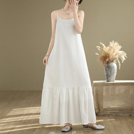 Real Shot of 2025 Summer New Style White Minimalist Extended Cotton-Polyester Splicing Slip Dress Slimming Fishtail Dress for Women