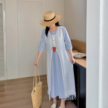 Two days 2025 spring new plus size women's tassel hollow blouse/solid color waist dress 8782AB