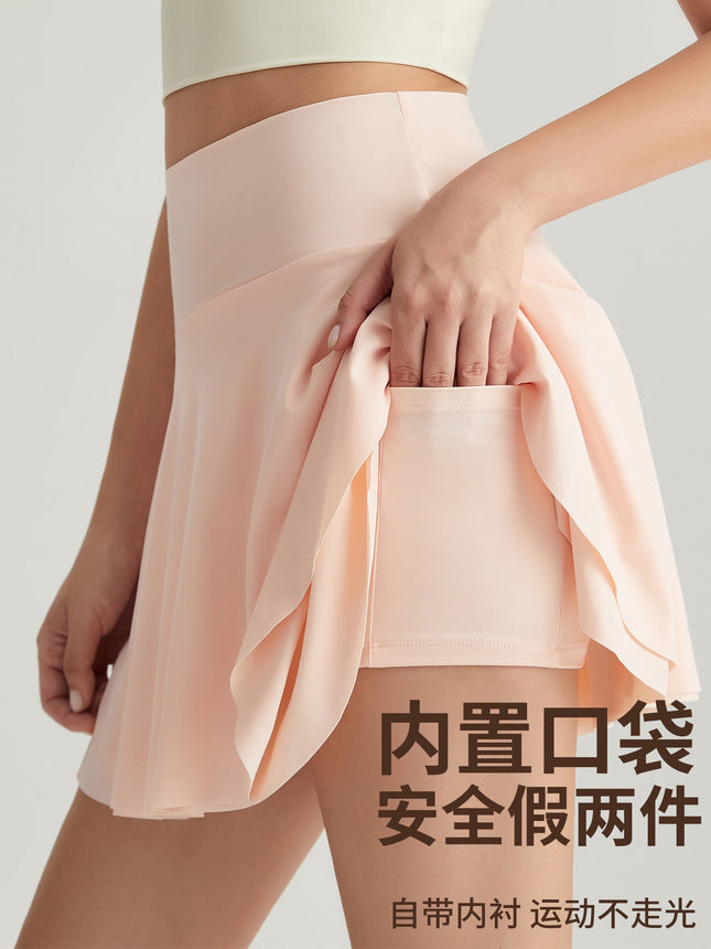 Chuanton Sports Short Skirt with Anti-Exposure Pockets, Tennis Skirt, Half Skirt, Faux Two-Piece, Nude Yoga Fitness Sports Skort