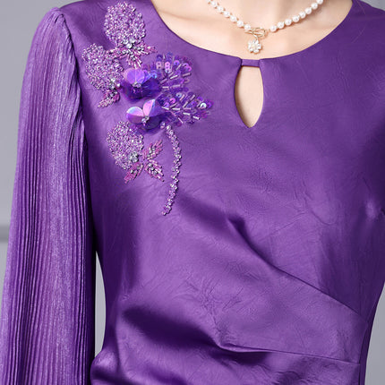 Zhili Purple Feminine Dress with Three-Dimensional Floral Decoration, Pleated Waist, and Bodycon Skirt That Accentuates the Figure, Spring 2026