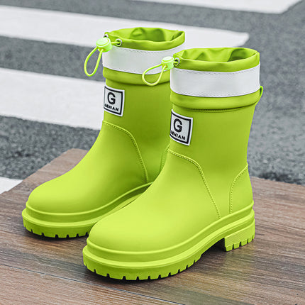 Cross-Border Women's Mid-Calf Rain Boots, Thickened Drawstring Rain Shoes, Wear-Resistant, Non-Slip, Waterproof, Comfortable Water Shoes, Outdoor Rubber Shoes for Women