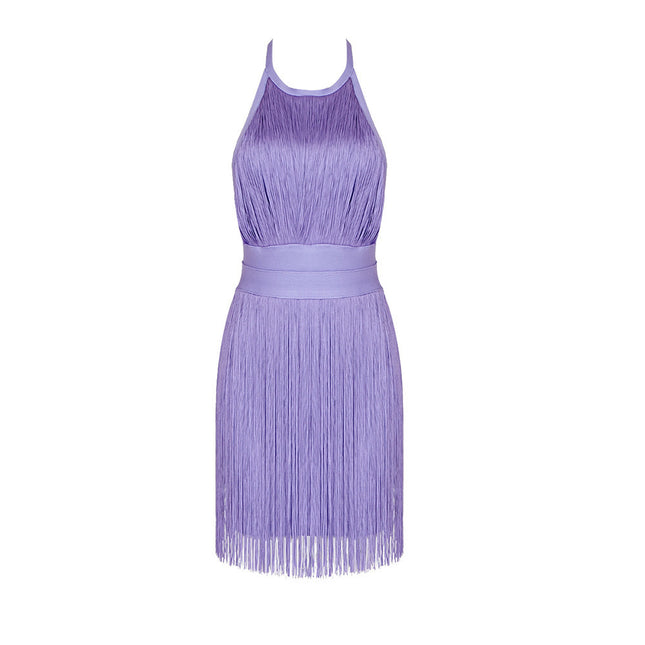 New halter backless sleeveless solid color waist slimming temperament tassel hip mini bandage banquet dress women