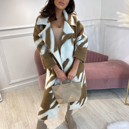2025 New European and American Autum Cross-Border Women's Clothing, Various Color Matching Fashionable Long-Sleeved Lapel Outwears, Printed Woolen Outwears