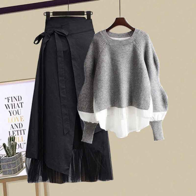 Autumn Outfit Set for Women 2025 New Fake Two-Piece Tops Slimming Design Versatile Skirt Two-Piece Set