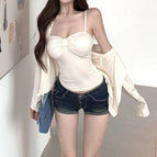 Cream cardigan + suspenders / S