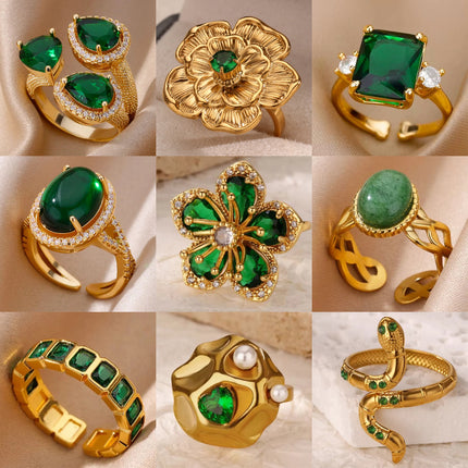 Europe and the United States cross-border exquisite inlaid green zircon flower ring ladies 2025 new high-grade retro ring wholesale