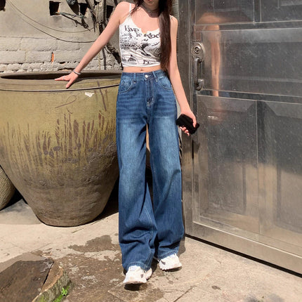 Dark Blue American Wide-Leg Jeans for Women 2025 New High-Waist Slimming Embroidered Loose Floor-Length Straight Pants Trendy