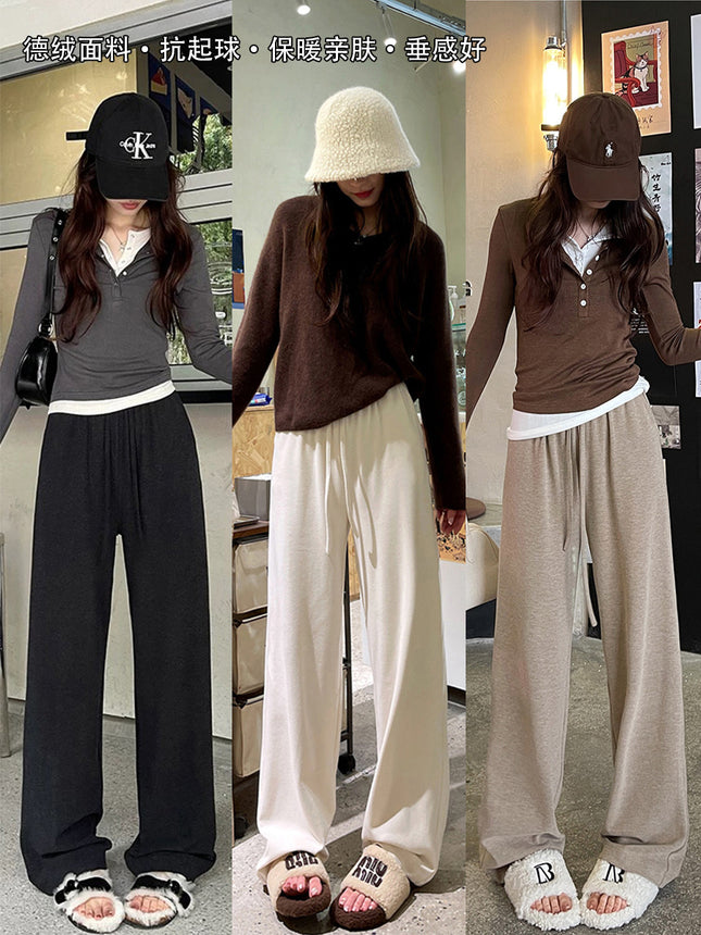 High Waist Dagging Wide Leg Pants Women's Spring Autumn and Winter creamy-white Shaking Glutinous Rice Pants fleece-lined Casual Lazy Long Pants