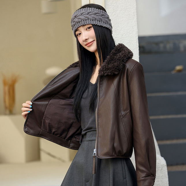 Winter Padded Leather Jacket for Women, Short Style, Petite Size, Plus Size, Age-Reducing Cotton Coat, 2025 Winter Slimming Sheepskin Jacket