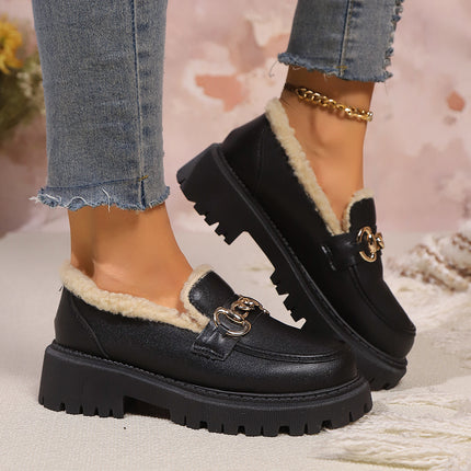 British Style fleece-lined Small Shoes Women's 2024 Autumn and Winter New Warm Loafers Slip-on plus size Cotton Shoes