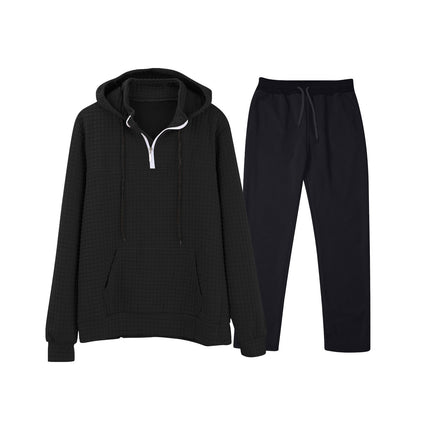 European and American Cross-Border Long-Sleeved Waffle Top Aliexpress Solid Color Drawstring Pocket Hoodie Sweatshirt and Sweatpants Set