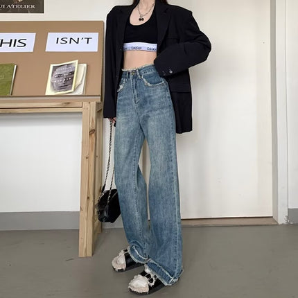 Retro Hong Kong Style Jeans Women's Design Niche Furry Straight Pants New High Waist Slim Floor Mopping Pants Autum
