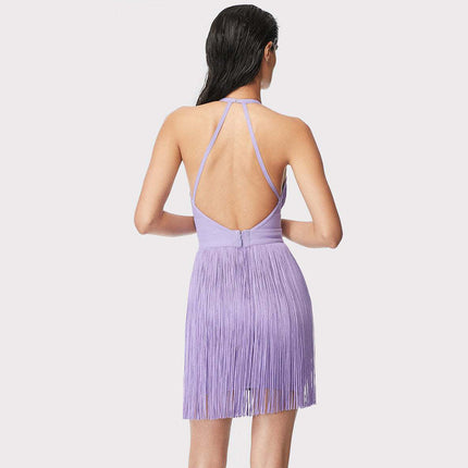 New halter backless sleeveless solid color waist slimming temperament tassel hip mini bandage banquet dress women