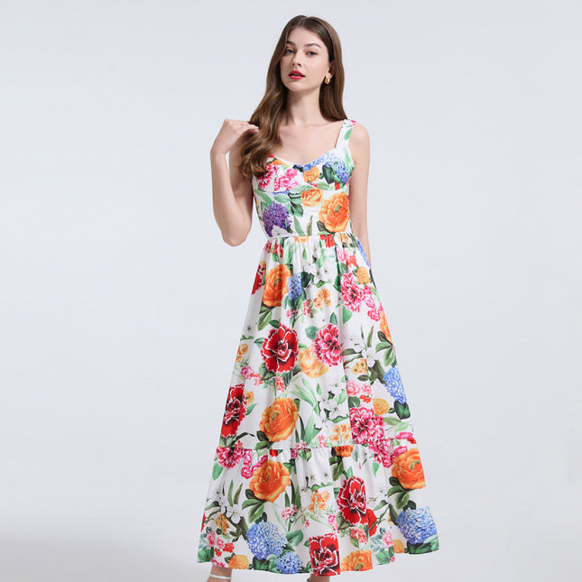 Real Shot Summer Positioning Printed Positioning Sling Slim-fit Waist dress Back Rubber Dress