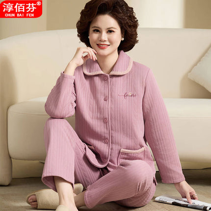 Chun Baifen Mother Pajamas Women's Autumn and Winter Middle-aged and Elderly Air Cotton Thickened plus size Outer Wearing Sandwich Home Clothes