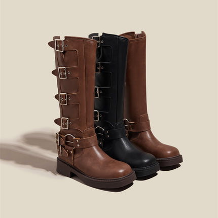 Belt Buckle Thick Heel Knight Boots Women's Autumn and Winter Retro Over-The-Knee Boots Western Cowboy Boots Brown Fashion Boots