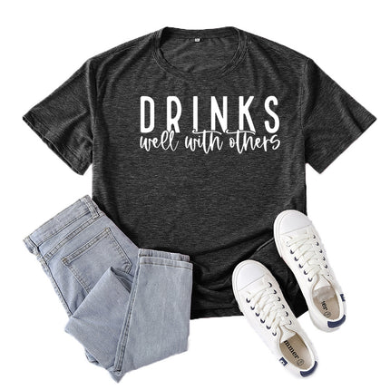 Amazon Supply Drinks Well with Others Printed Short-Sleeved Women's Casual Summer Casual