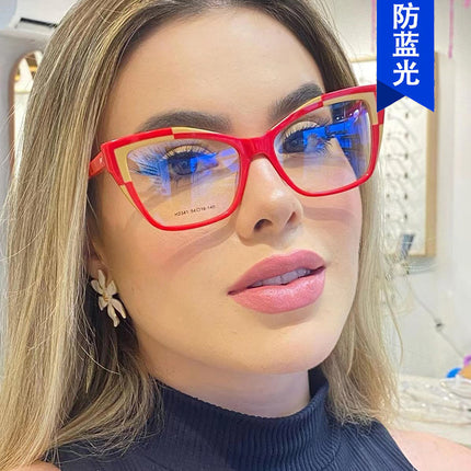 Color-Blocked Cat-Eye Flat Mirror Anti-Blue Light 2024 New Glasses Frame for Women, Versatile European and American Fashion Glasses Frame