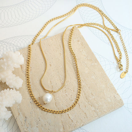 European and American Street Trendy Spice Girl Light Luxury Crude Chain Natural Freshwater Pearl Necklace Detachable Wear Titanium Steel Necklace