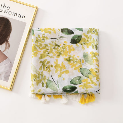 Small fresh sweet bright yellow leaf beach towel long tassel decorative travel sunscreen shawl cotton and linen hand scarf