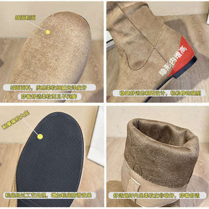 Retro Boots for Women 2025 Autumn New Round Toe Pleated Pile Boots with Increased Soft Sole Suede Over-The-Knee Boots