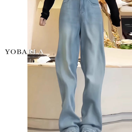 Straight-Leg Jeans for Women 2025 Autumn New High-Waisted Loose Slimming Wide-Leg Floor-Length Pants