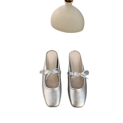 Simple Ballet Shoes with Square Toe and Bowknot, 2025 Summer New Style, Closed-Toe, Open-Back Women's Shoes with a Single Strap