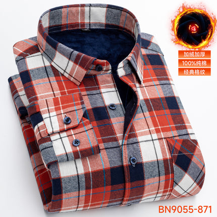 Winter Warm Shirt Pure Cotton Brushed Plaid Fleece-Lined Thickeneded Middle-Aged and Elderly Men's Cardigan Dad's Cotton Shirt