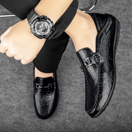 Men's Shoes 2024 Winter New Business Men's Casual Leather Shoes Fashion Soft Sole Slip-on Lazy Black Bean Shoes