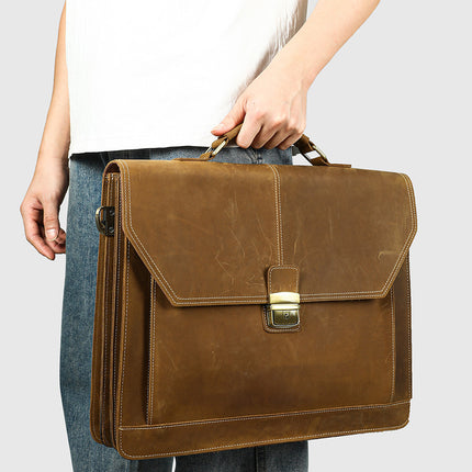 Masiwei Crazy Horse Leather 16-Inch Briefcase Business Retro Flap Laptop Bag Genuine Leather Handheld Document Bag Trendy