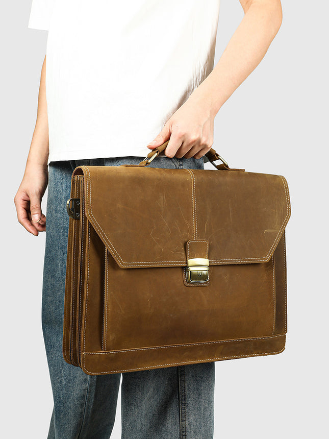 Masiwei Crazy Horse Leather 16-Inch Briefcase Business Retro Flap Laptop Bag Genuine Leather Handheld Document Bag Trendy