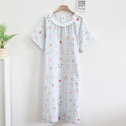 Summer Baby Cotton Gauze Short-Sleeved Thin Nightgown for Women Cartoon Lace Round Neck Breathable Cotton Home Clothes Can Be Worn Outside