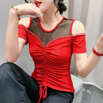 Real Shot 2023 Summer New Original Sexy Shoulder Heavy Industry Nail Drill Drawstring Pleated Slimming Short-sleeved T-shirt for Women
