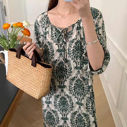 Mishiti Cotton Silk New Chinese Style Short-Sleeved Nightgown for Women, Summer Thin Style, National Style Cotton Silk Home Wear, Can Be Worn Outside