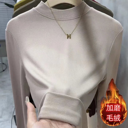 2025 Autumn and Winter New Style Plus Brushed Inner Small Stand-Up Collar Pure Color Simple Versatile Slimming Look Half Turtleneck Bottoming T-Shirt for Women