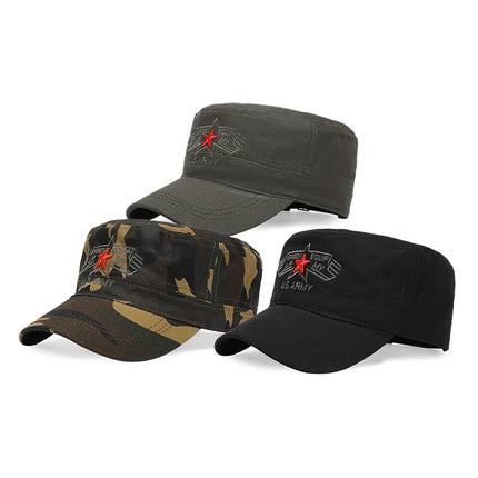 Men's Camouflage Cap with Embroidered Five-Pointed Star, Large Head Circumference, Deep Crown, Outdoor Hiking Travel Breathable Flat Cap