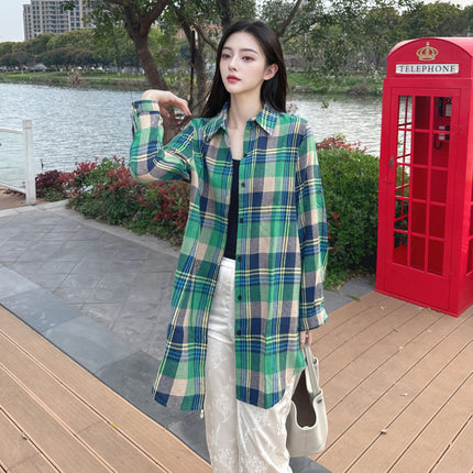 Cotton Linen Shirt Women's Mid-length Spring and Summer Vintage Thin Coat Loose Green Plaid Shirt Design Chic Top